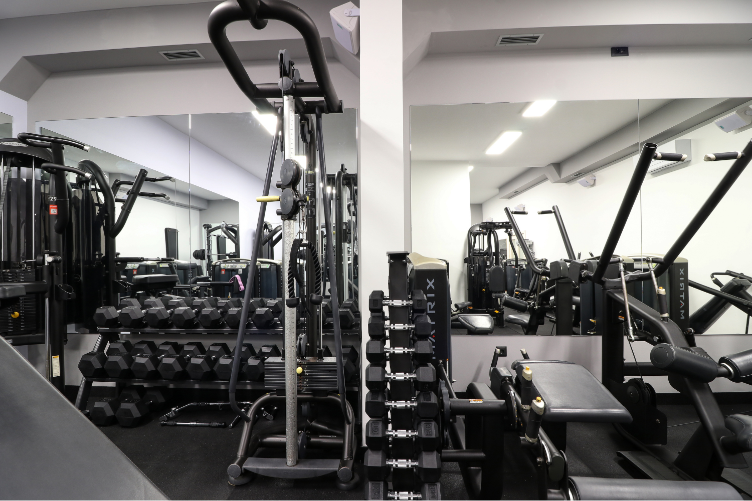 Fully equiped weight section with dumbbells and bars